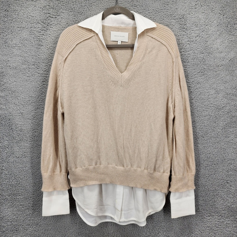Brochu Walker Looker Layered V-Neck Sweater Beige Wool Cashmere Medium JER2197